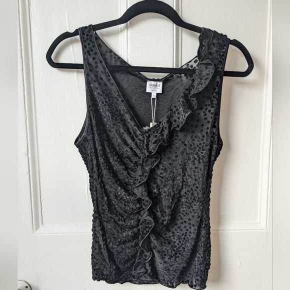 Vintage NWT Armani Black Velvet Polka Dot Sheer Ruffle Sleeveless Top - Size 6 - Picture 1 of 8